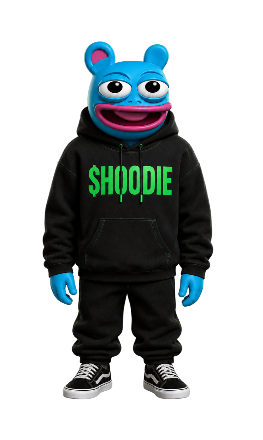 BRETT wearing a black hoodie with a green $HOODIE print