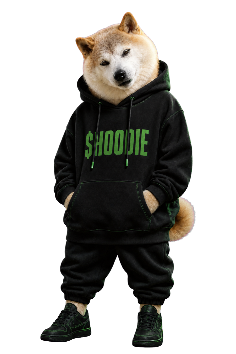 DOGE wearing a black hoodie with a green $HOODIE print