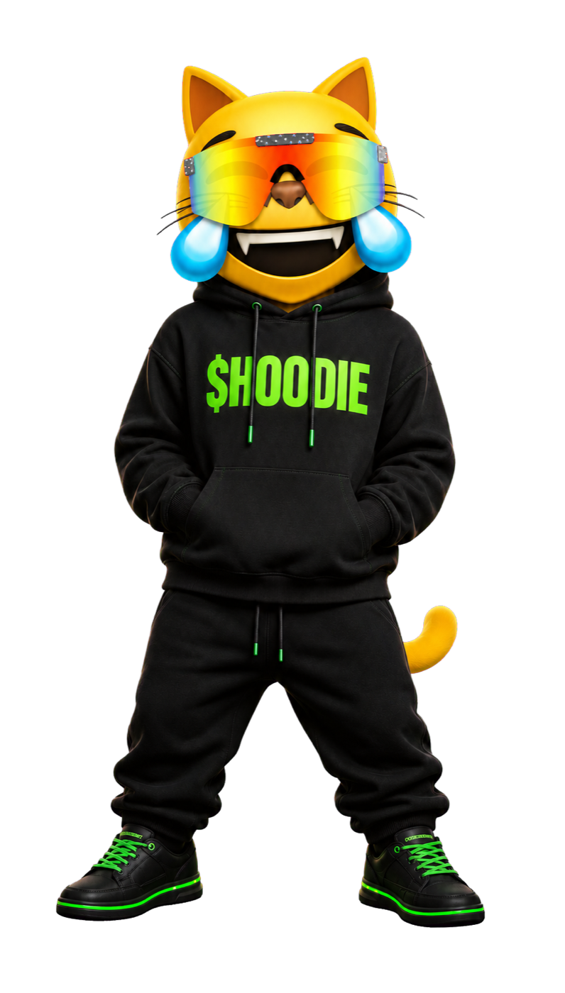 MOG laughing behind rainbow shades in a black hoodie with a green $HOODIE print