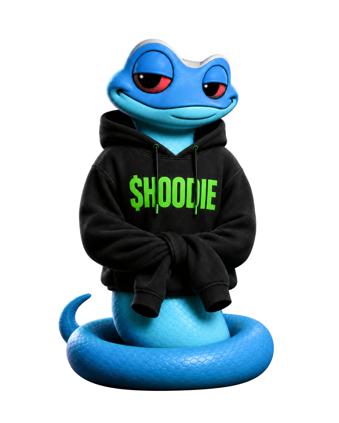 SNEK wearing a black $HOODIE with its empty sleeves tied together and no arms