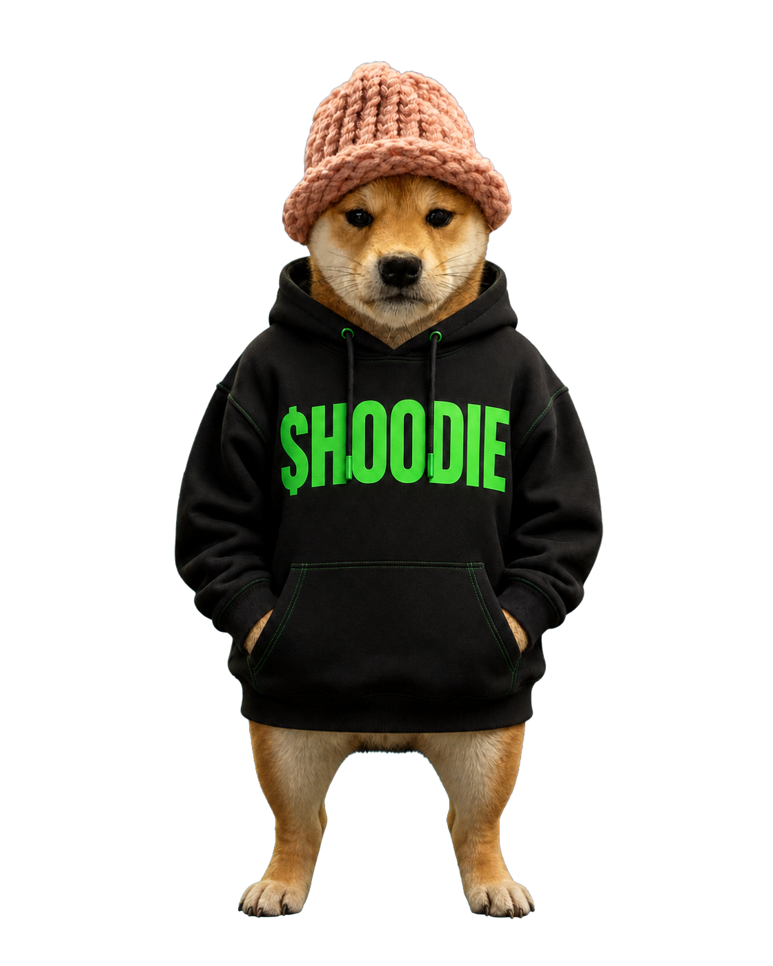 WIF wearing a pink knitted hat and a black hoodie with a green $HOODIE print